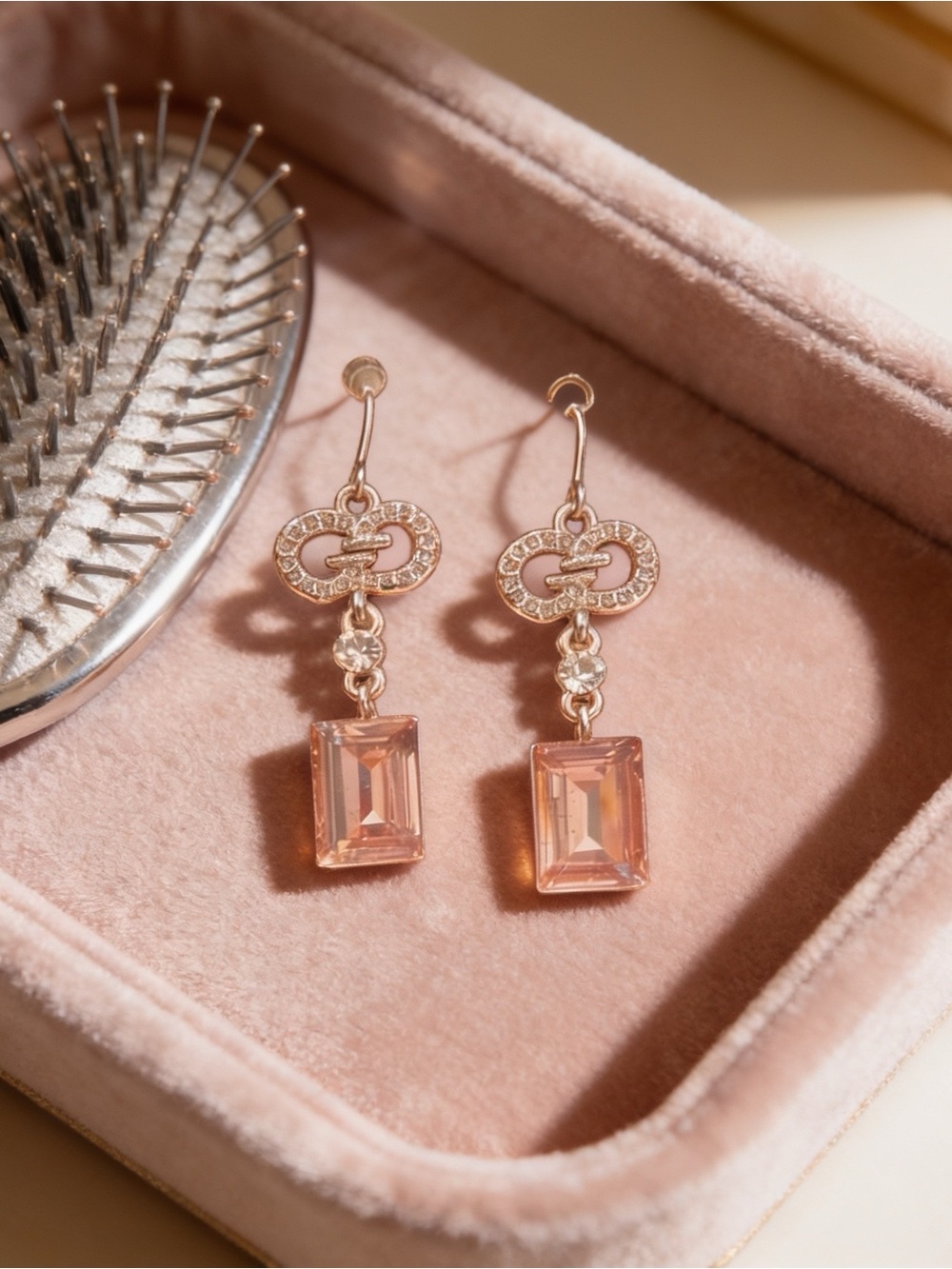 Silver-Tone Pavé Double Loop Pink Crystal Drop Earrings